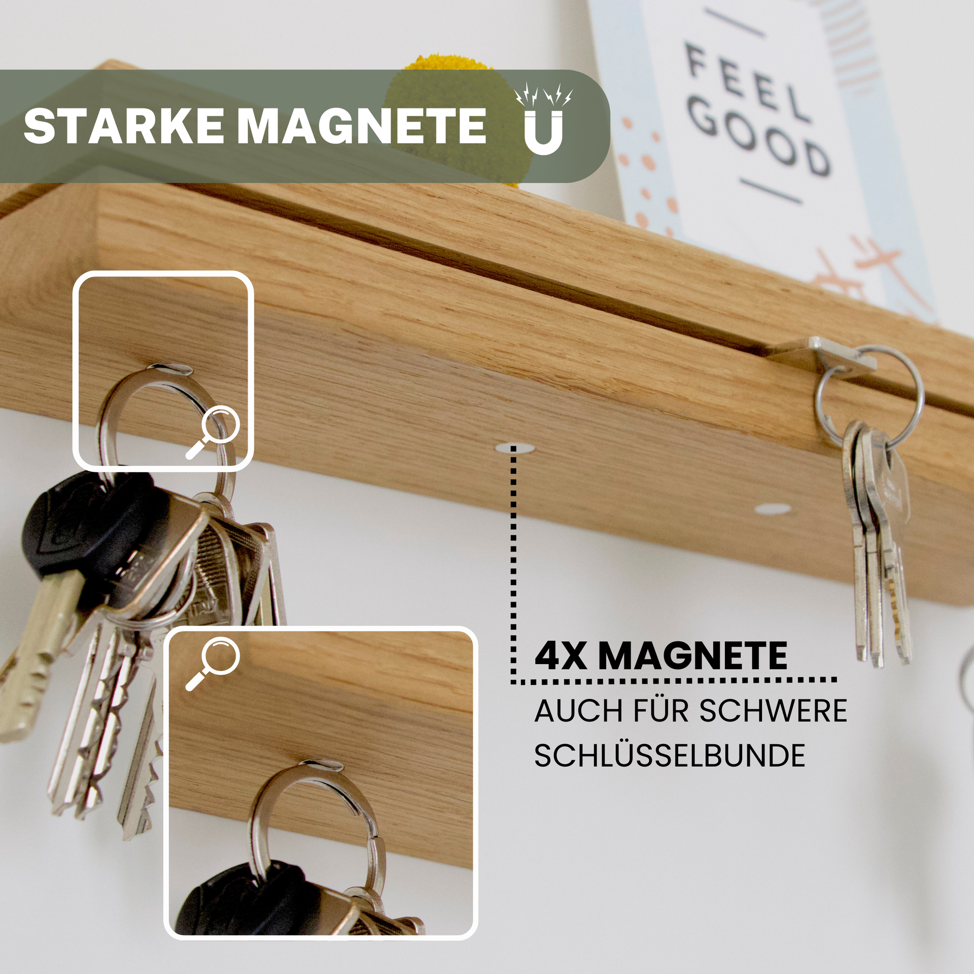 ASTREIN® | Schlüsselbrett aus Holz | Magnetisches Schlüsselbrett | Schlüsselaufbewahrung aus Eiche | Schlüsselhalter mit Ablage | Key Holder | XXL Ablage